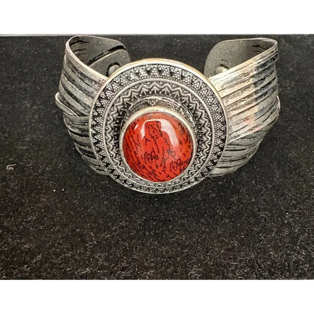 Western Red Jasper Style Stone Silver Tone‎ Multi Strand Cuff Bracelet Boho